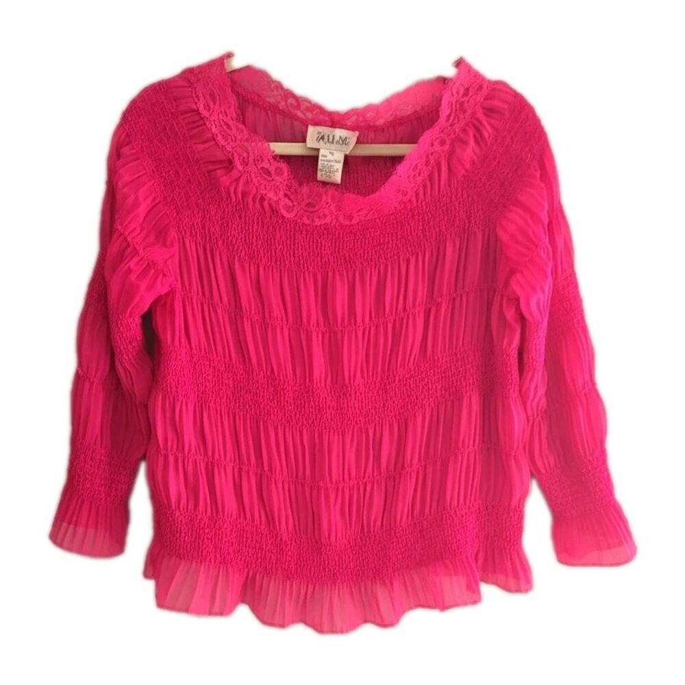 Vintage Selene Sport Y2K Pink Ruffle Smocked Preppy‎ Coquette Top Womans Size XL